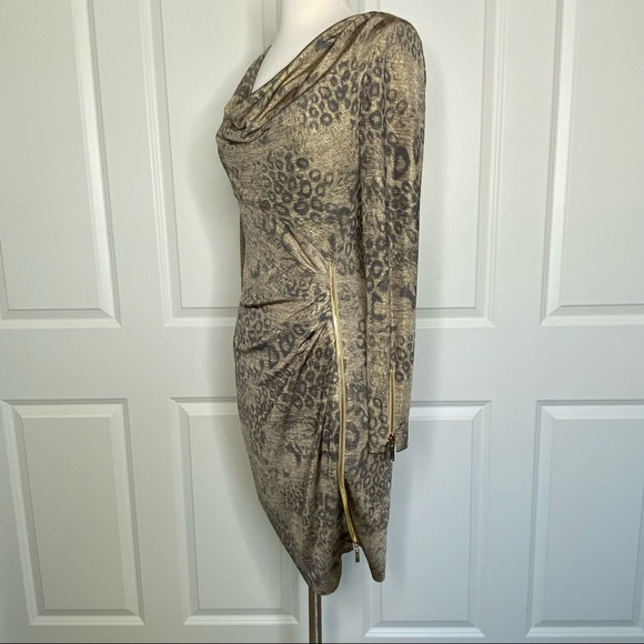 Cache Leopard Ruched Zipper Detail Dress Small Gold Brown Animal Print Stretch - Picture 3 of 12